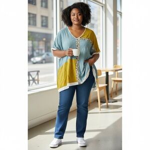 Ulla Popken Colorblock Tunic Top 20/22 Mustard Blue Floral Trim Oversized Boho